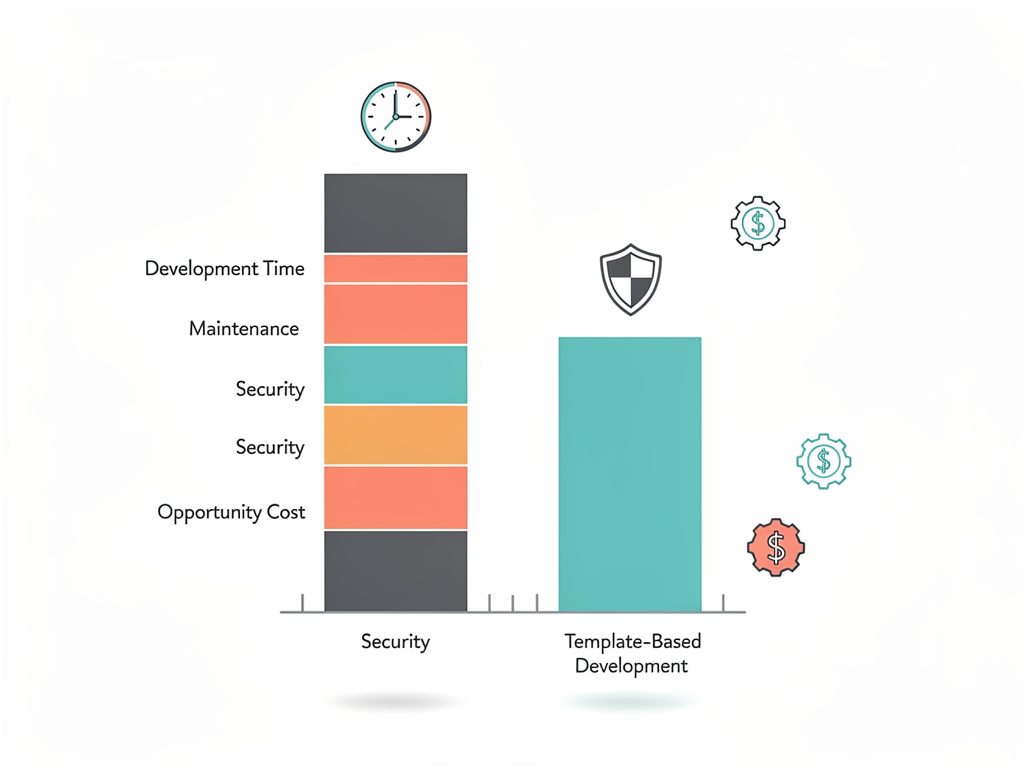 Cost comparison bar chart showing the total cost of building SaaS infrastructure from scratch versus using a premium starter template, including initial development time, ongoing maintenance, security updates, and opportunity cost, displayed in a professional financial infographic style