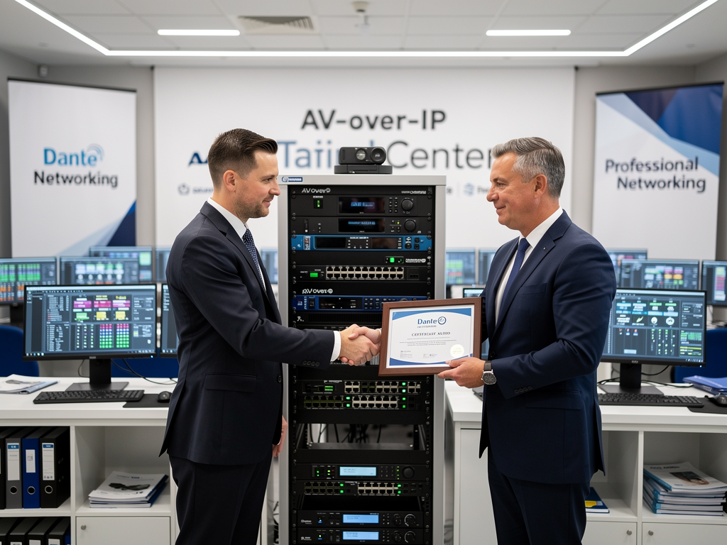 A professional certification ceremony in a corporate training facility where an AV technician receives credentials after completing an AVoIP systems course, with training equipment and demonstration systems visible in the background under bright professional lighting