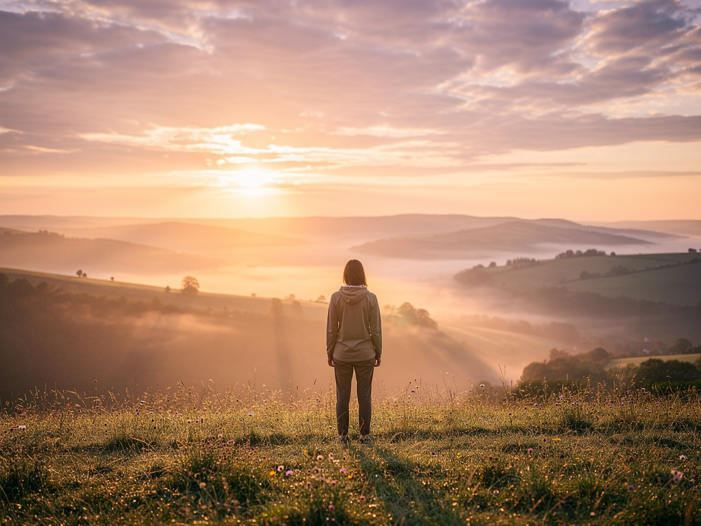 Sunrise over a calm landscape with soft golden light breaking through clouds, symbolising hope, new beginnings, and the possibility of recovery from anxiety through consistent effort and support