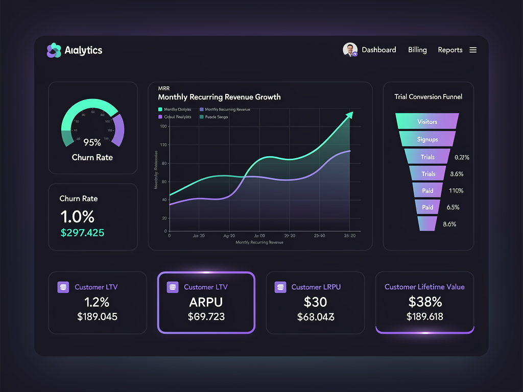 Analytics dashboard showing subscription metrics including monthly recurring revenue growth chart, churn rate trends, trial conversion funnel, and customer lifetime value calculations, displayed with data visualization best practices and actionable insights highlighted