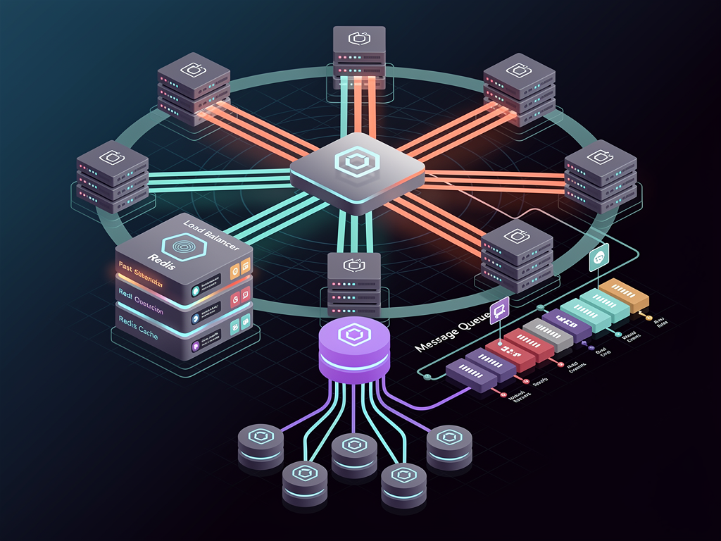 Infrastructure diagram showing scaled architecture with load balancer distributing traffic to multiple application servers, Redis cache layer for subscription status, message queue for webhook processing, and database cluster with read replicas