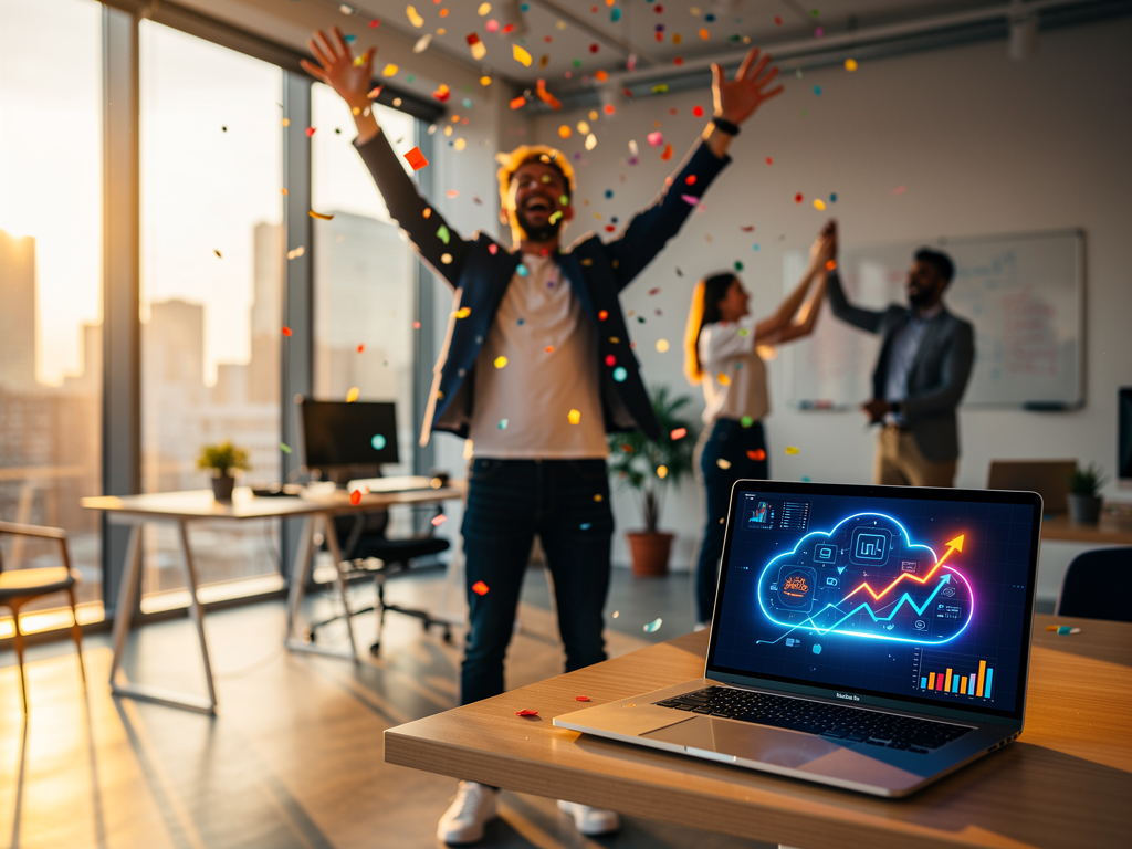 Triumphant SaaS founder celebrating successful product launch with laptop showing dashboard metrics, confetti effects, and team members cheering in background, bright and optimistic mood representing the successful outcome of strategic build versus buy decisions