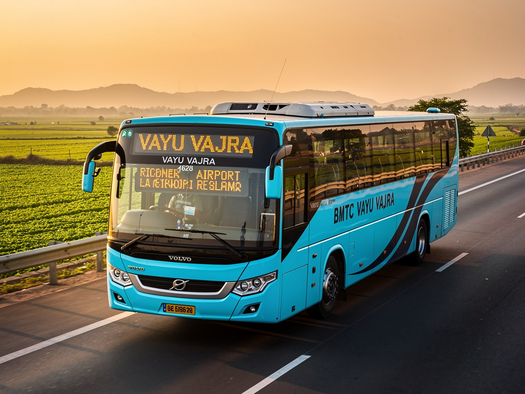A BMTC Vayu Vajra Volvo bus with cyan-blue livery traveling on a modern expressway during golden hour, the amber LED destination display showing route information, surrounding landscape featuring green fields and distant hills, motion blur suggesting smooth highway travel