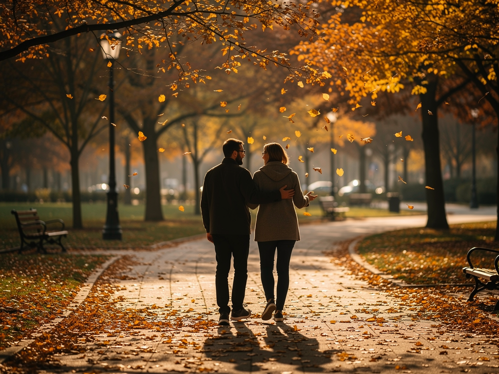 Two people walking together through a peaceful urban park in autumn, engaged in friendly conversation. Golden leaves line the path, and soft afternoon light creates a warm, hopeful atmosphere. The image conveys the reward of rebuilding social connections.