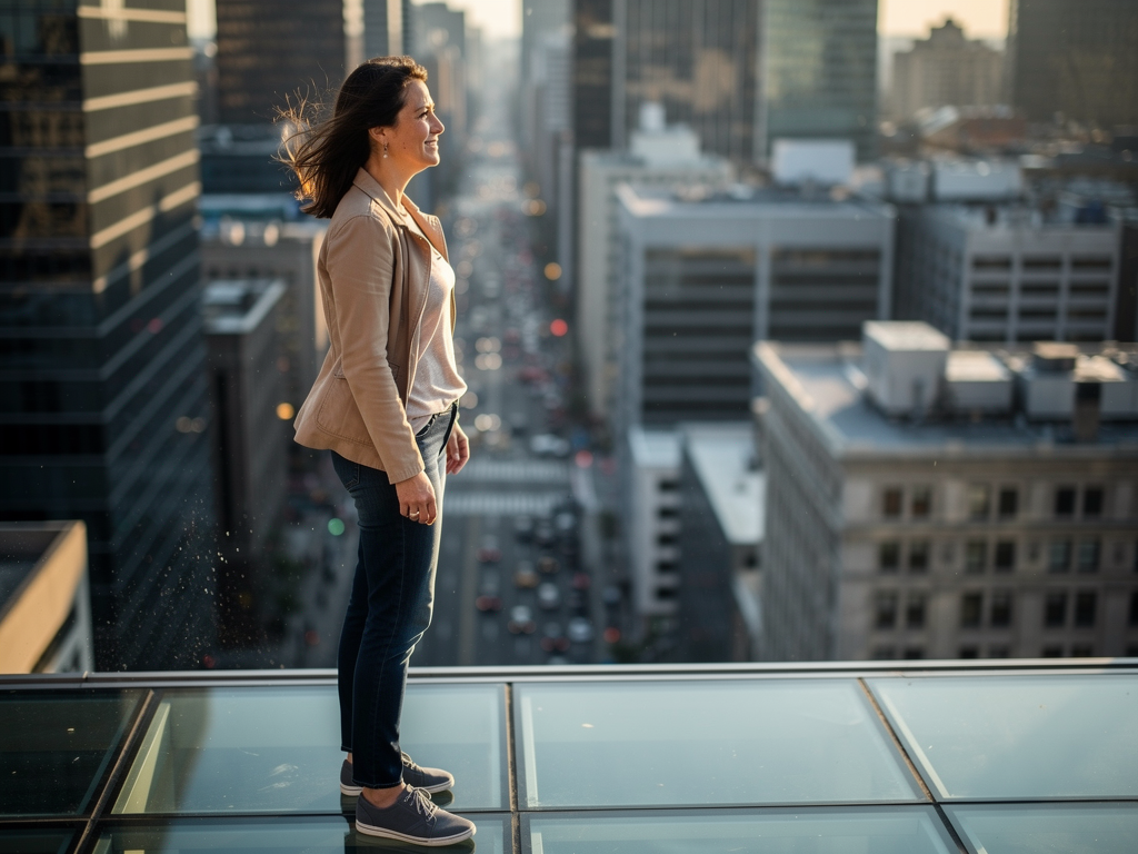 A woman standing confidently on a glass viewing platform at height, looking out over a cityscape with a sense of accomplishment and calm, natural daylight illuminating the scene, representing someone who has overcome a fear of heights