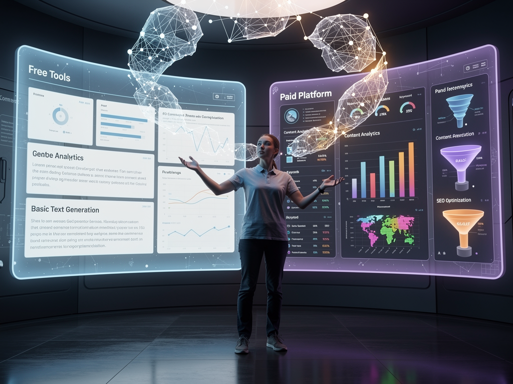 A futuristic visualization of AI and content creation, holographic displays showing content analytics and AI processing, modern tech office environment, blue and purple lighting creating innovative atmosphere, person interacting with advanced interface