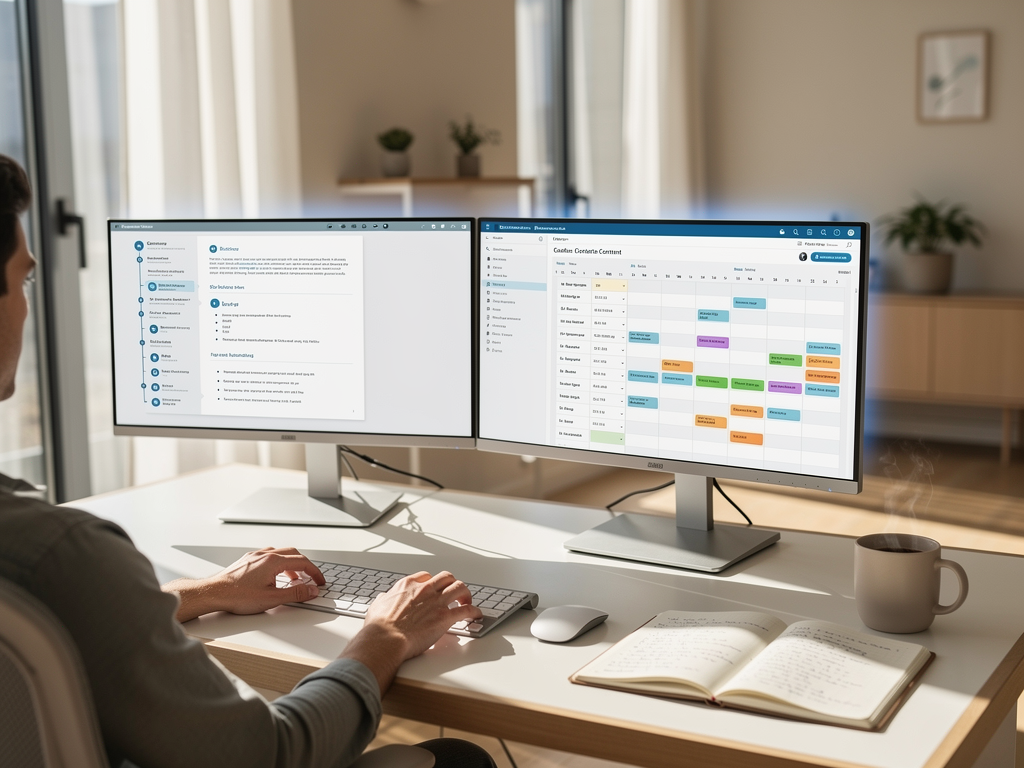 A content strategist working at a modern desk with dual monitors, one screen showing an article outline with multiple H2 sections highlighted, the other displaying a content brief document. Natural daylight streams through nearby windows, creating a productive workspace atmosphere with notebooks and coffee nearby.