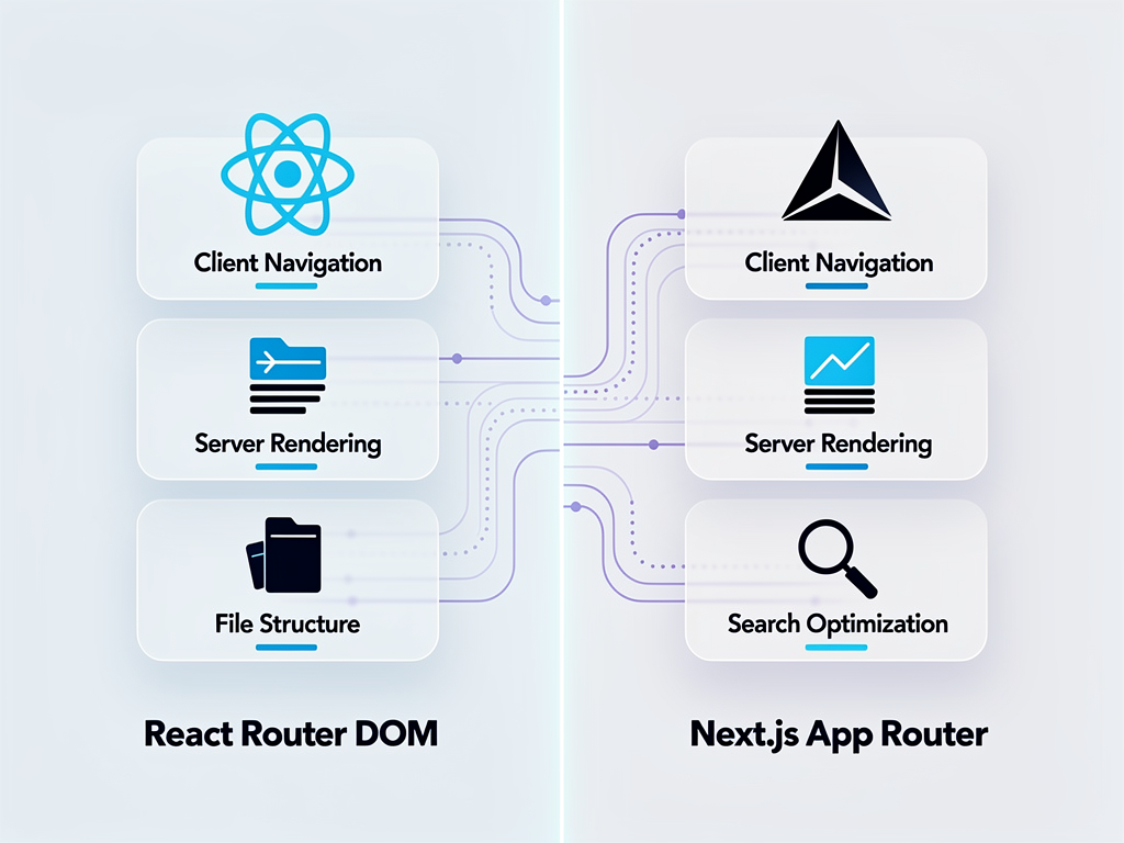 Infographic comparing React Router DOM and Next.js App Router side by side, showing key features like client-side navigation, server-side rendering, file-based routing, and SEO capabilities with clean icons and data visualization aesthetic in a modern tech color palette