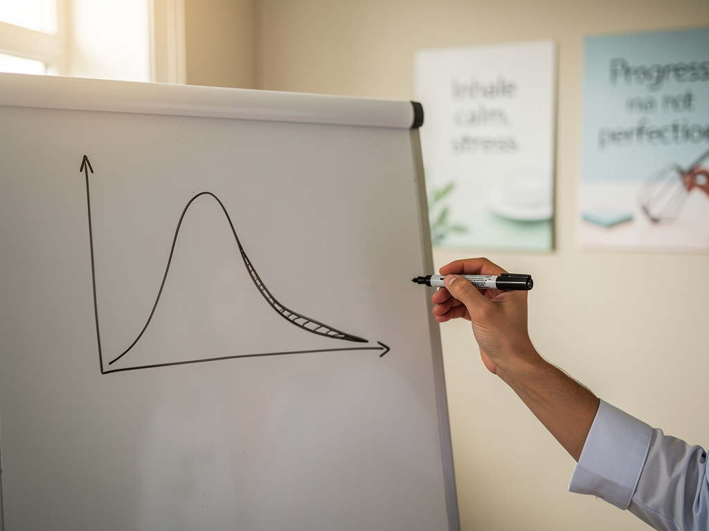 A graph drawn on a whiteboard showing an anxiety curve rising then falling over time, with a therapist's hand pointing to the natural decrease, clinical setting with encouraging posters visible in the background