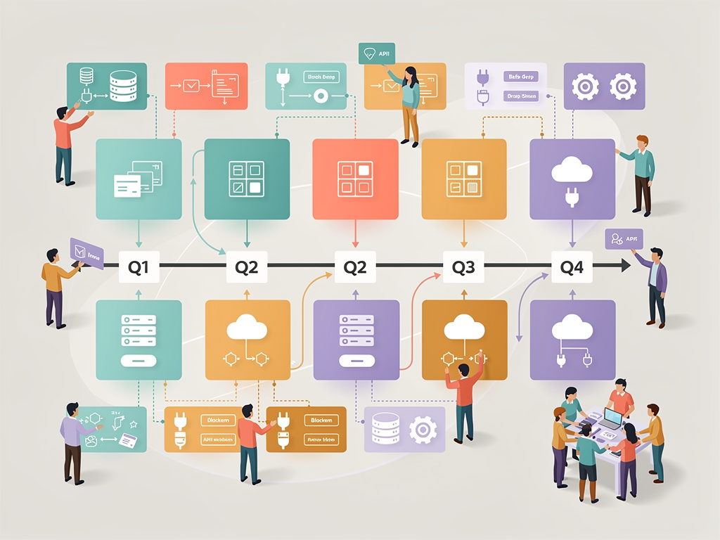 Product roadmap visualization showing planned features organized by quarter, with color-coded categories for core platform improvements, new components, integrations, and infrastructure upgrades. The timeline format illustrates strategic planning while maintaining flexibility for user feedback and market changes.