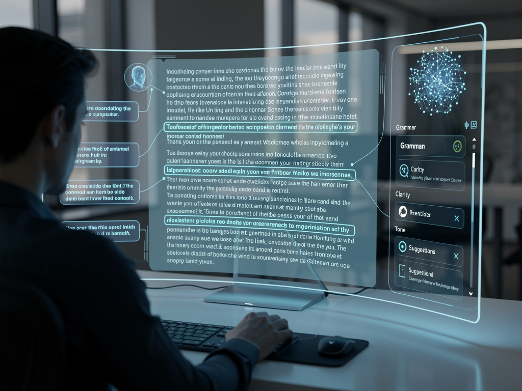 A futuristic interface showing a user interacting with an advanced AI writing assistant, with contextual suggestions and proactive grammar checks appearing seamlessly on screen.