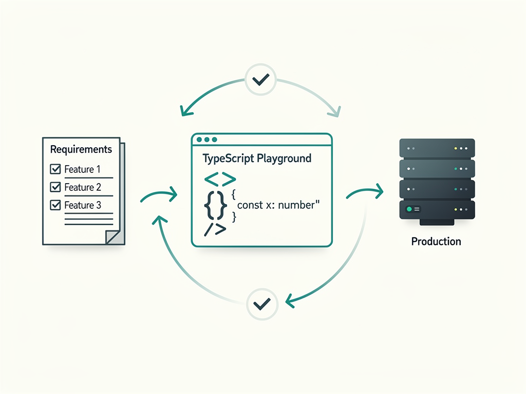 Workflow diagram showing the progression from feature requirements through playground prototyping to production implementation, with feedback loops and validation checkpoints illustrated using clean infographic icons and connecting arrows on a light background