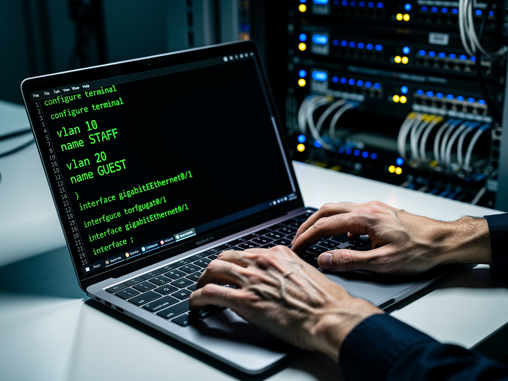 IT professional's hands typing on a laptop keyboard with terminal window showing VLAN configuration commands, network rack visible in background with blinking status lights, focused task lighting on the workspace