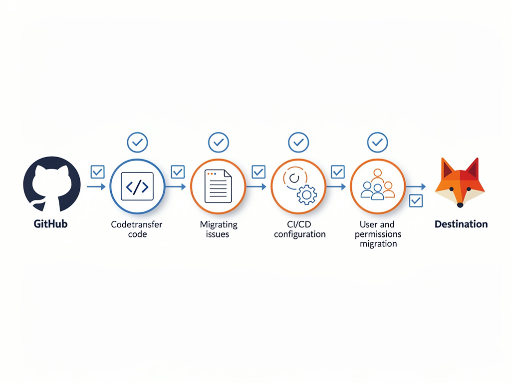 Step-by-step migration workflow diagram showing the process of moving repositories between GitHub and GitLab, with numbered steps, checkboxes for completed tasks, and icons representing code, issues, CI/CD, and team settings