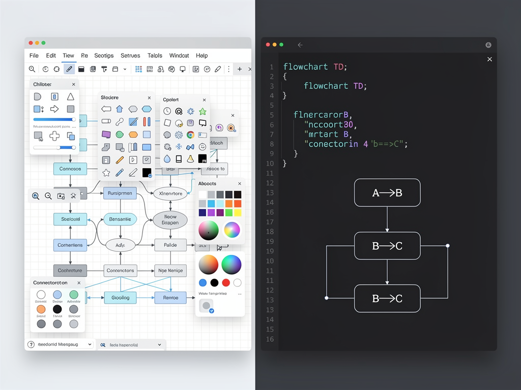 Split-screen comparison showing traditional GUI-based diagram editor on the left with complex toolbar and shape palette versus clean text-based Mermaid syntax on the right, demonstrating the simplicity of code-defined diagrams in a modern development environment with dark theme