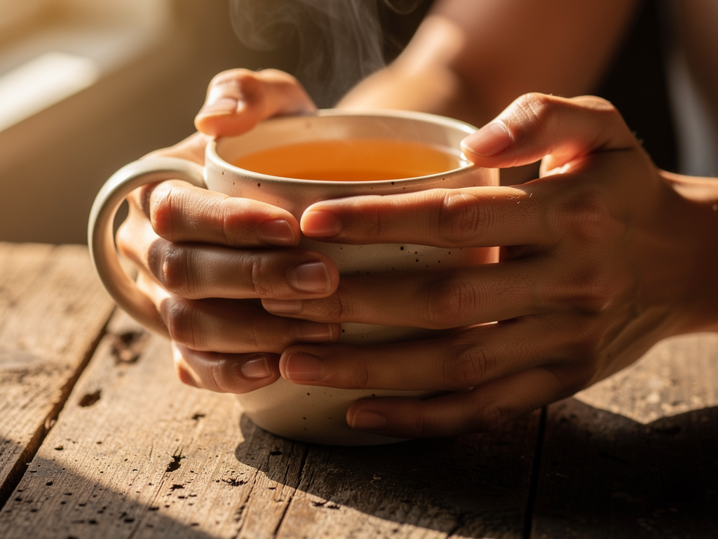 Close-up of hands gripping a warm mug of tea, knuckles slightly tense, photographed in natural daylight on a wooden table, suggesting the physical manifestations of anxiety in everyday moments