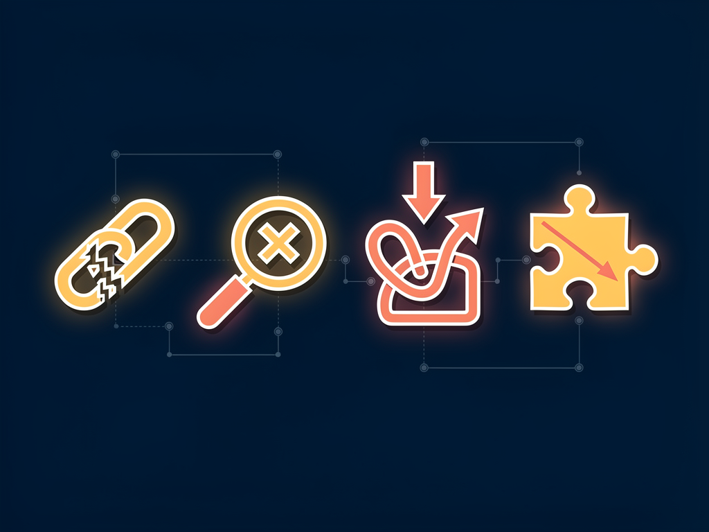 A warning-style infographic highlighting five common AI content implementation pitfalls with visual icons representing each mistake, accompanied by brief mitigation strategies, designed with attention-grabbing colors and clear visual hierarchy