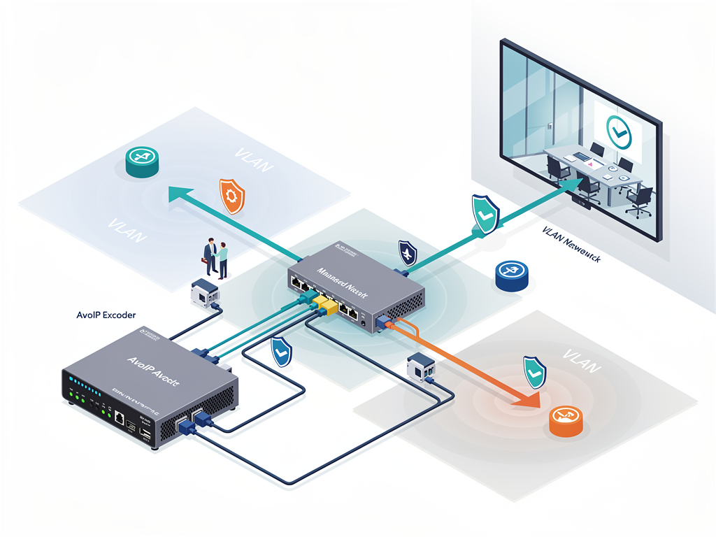Network diagram illustration showing AVoIP decoder connected to managed switch with VLAN segmentation, depicting traffic flow from encoder through network infrastructure to boardroom display, with QoS priority indicators highlighted