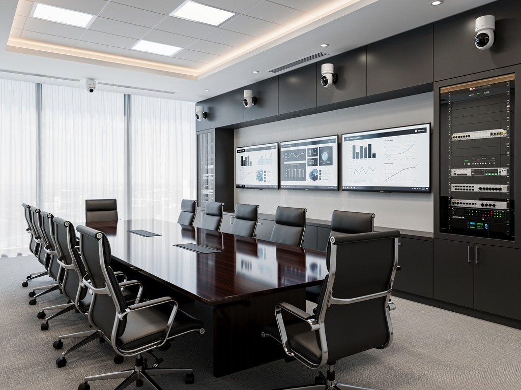 A modern corporate boardroom featuring multiple displays connected via AV over IP infrastructure, with sleek ceiling-mounted cameras and professional lighting creating a sophisticated meeting environment, clean lines and neutral tones dominating the space