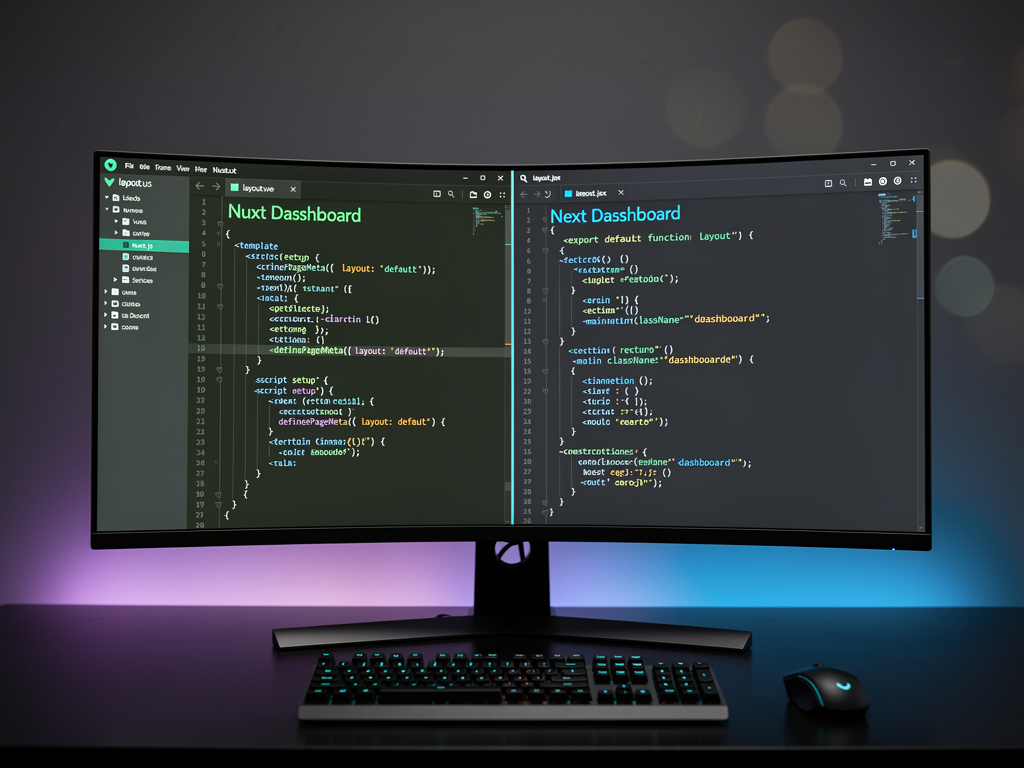 Split-screen comparison showing Nuxt.js code editor on the left with Vue single-file components and Next.js code editor on the right with React JSX components, both displaying similar multi-tenant dashboard implementations with syntax highlighting in a modern dark theme development environment