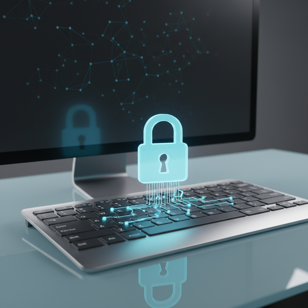 A stylized padlock icon superimposed over a computer keyboard, with data flow lines pointing inwards towards the computer, symbolizing local data processing and privacy protection.