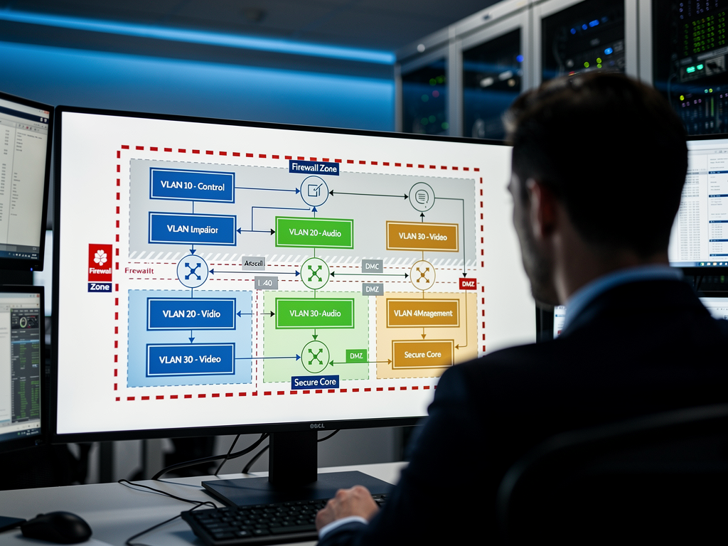 A network diagram displayed on a large monitor showing segmented VLANs for AVoIP traffic with color-coded security zones, firewall boundaries clearly marked, and an IT professional reviewing the architecture in a secure operations center