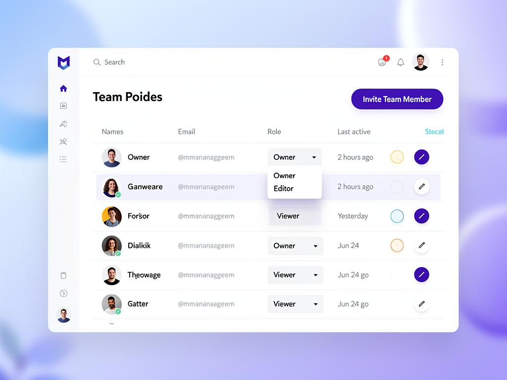 User management dashboard showing a table of team members with columns for name, email, role dropdown selectors showing options like Owner, Editor, and Viewer, last active timestamps, and action buttons for editing permissions or removing users, with an invite team member button prominently displayed