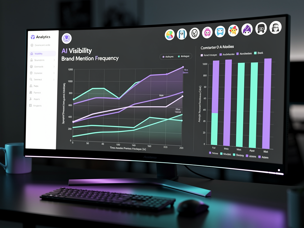 AI visibility dashboard showing brand mention tracking across ChatGPT, Perplexity, Google AI Overview, and Gemini, with line graphs displaying mention frequency over time and competitor comparison charts in purple and teal color scheme