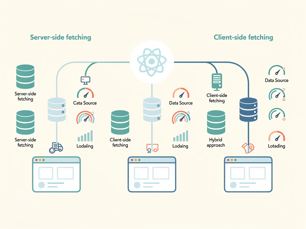 Flowchart diagram showing data fetching decision tree for SaaS applications, with branches for server-side fetching, client-side fetching, and hybrid approaches, annotated with performance implications for each path, clean infographic style with icons representing different data sources