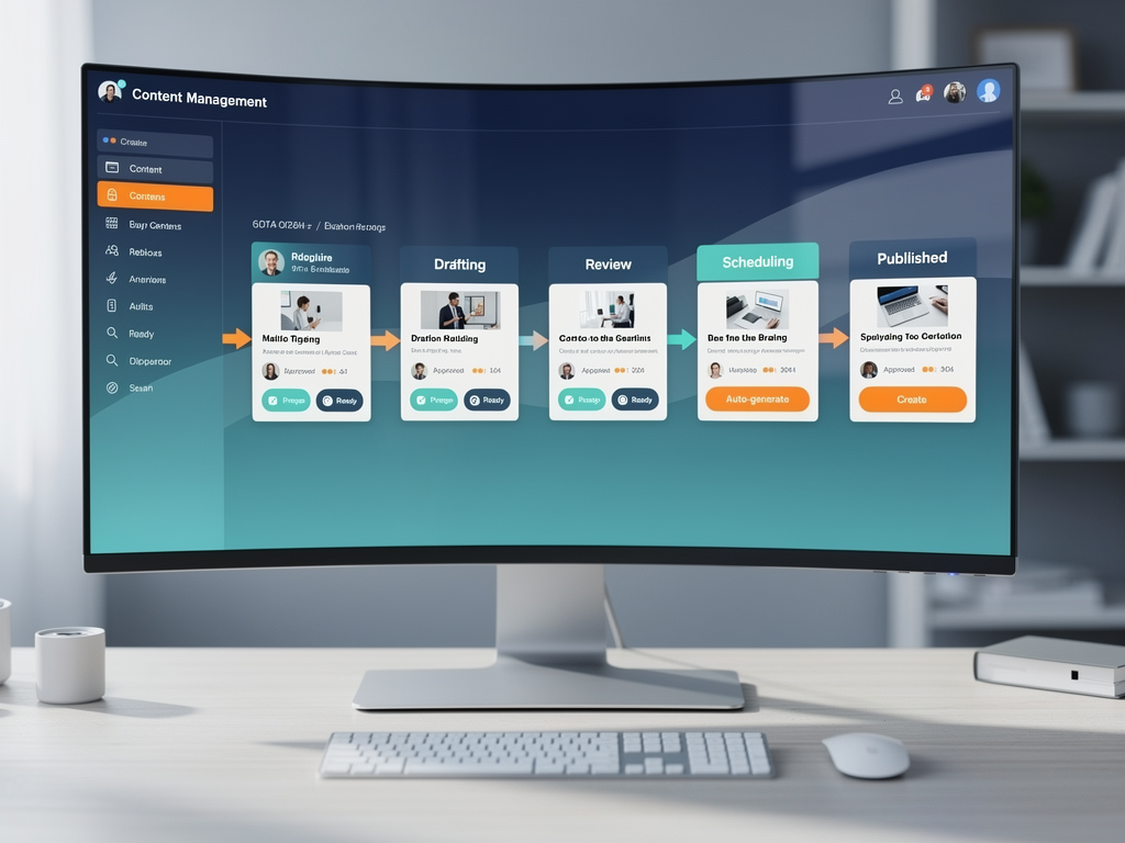 Dashboard interface of a modern automated content platform showing content calendar, article queue, publishing status, and performance metrics with multiple articles in various stages of the automated workflow