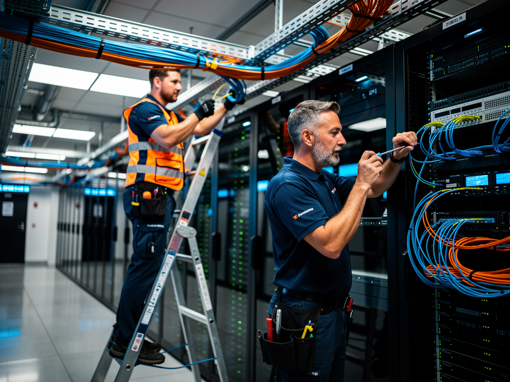 A network infrastructure upgrade in progress, technicians installing fiber optic cabling in cable trays above a data center, modern equipment racks visible below, professional installation demonstrating investment in future-ready infrastructure
