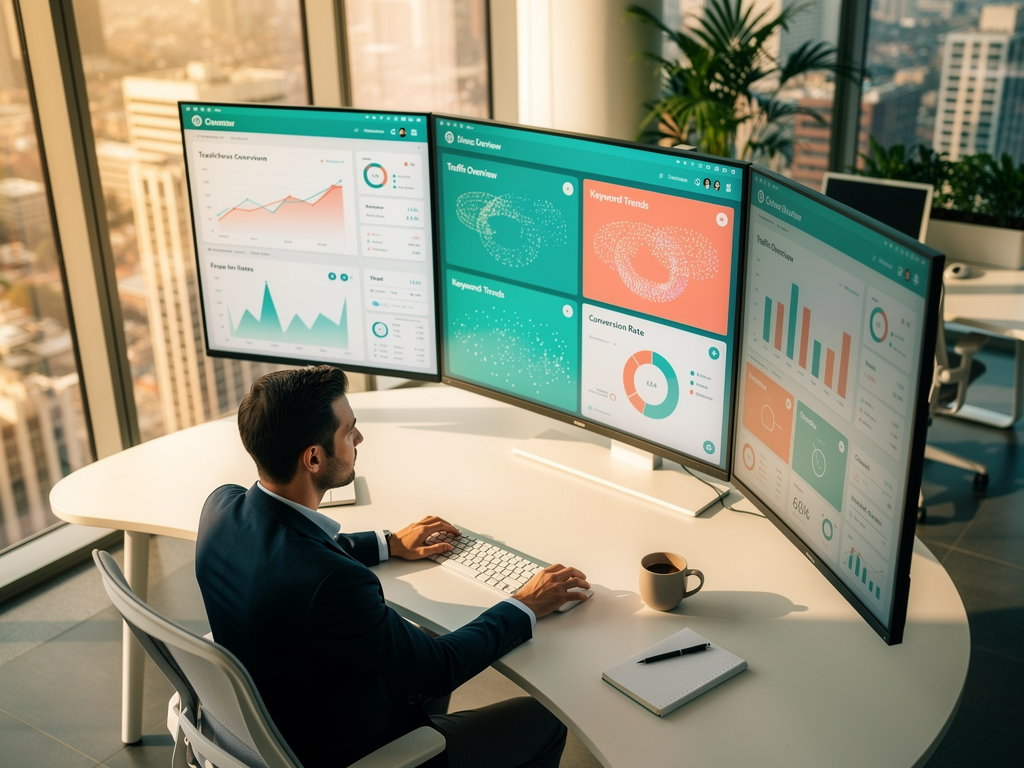 A modern digital marketing workspace featuring multiple computer monitors displaying SEO analytics dashboards, keyword research tools, and content performance metrics, with a professional marketer analyzing data in a contemporary office setting with natural lighting streaming through large windows