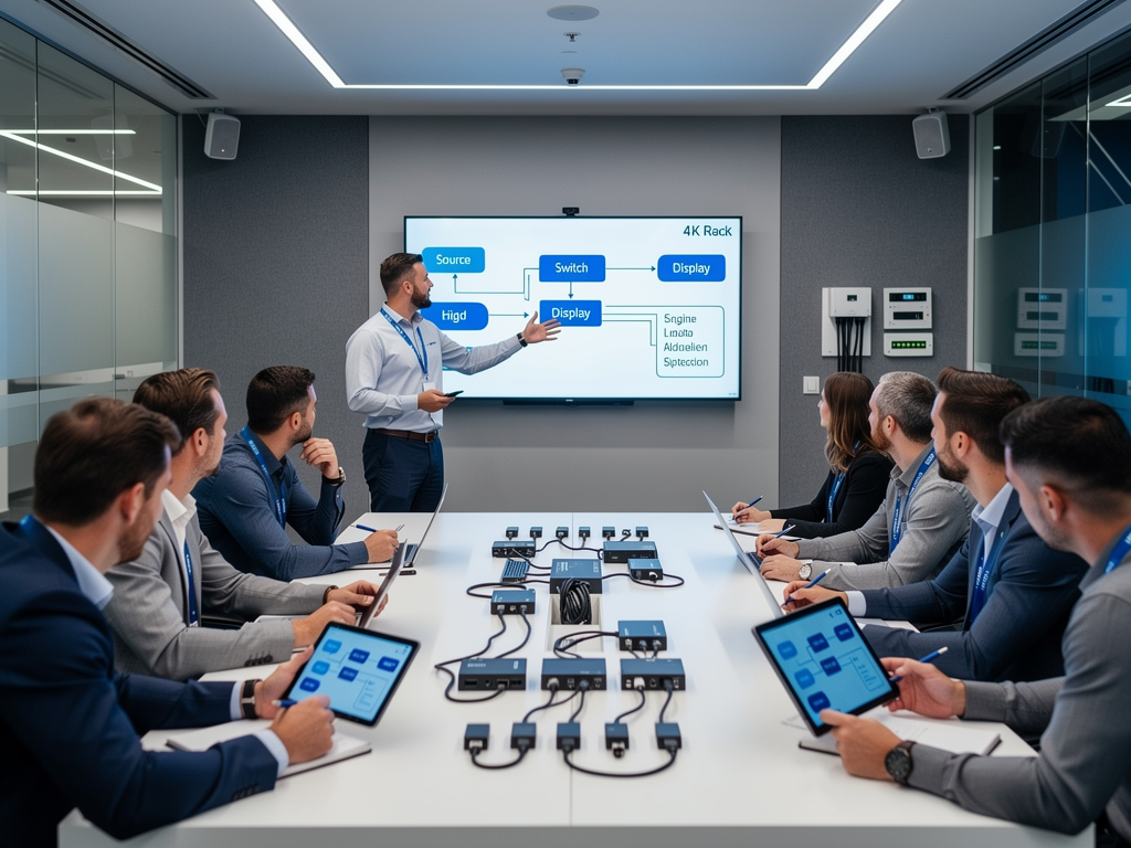 A collaborative training session with AV professionals gathered around demonstration equipment, instructor explaining AVoIP concepts using a large display showing network diagrams, engaged learners taking notes in a modern training facility