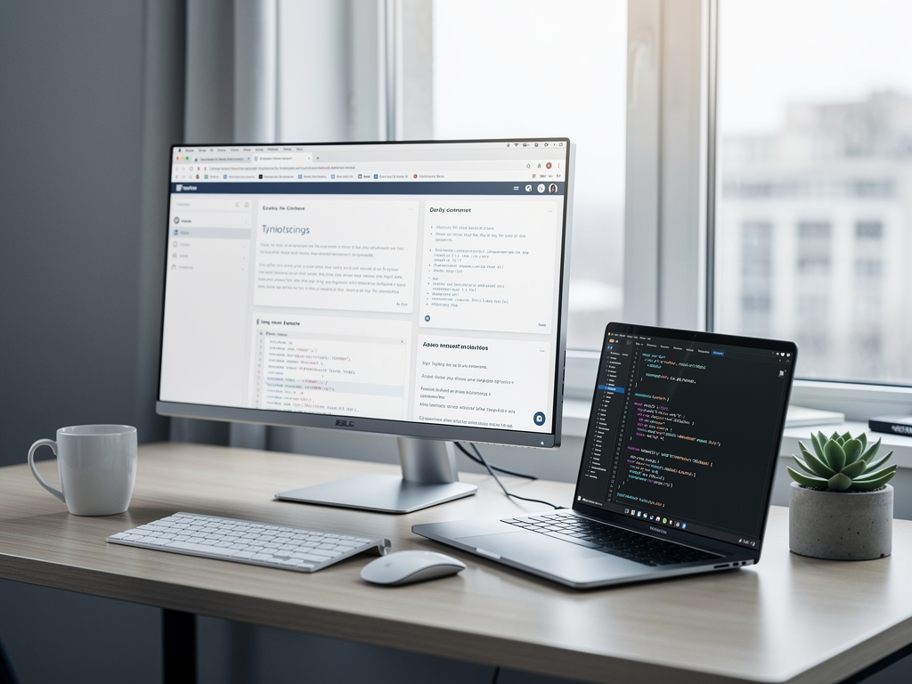 Developer workspace showing multiple browser tabs comparing different SaaS boilerplate documentation pages, with a code editor displaying TypeScript configuration files in the background, natural daylight from a window, modern minimalist desk setup with external monitor
