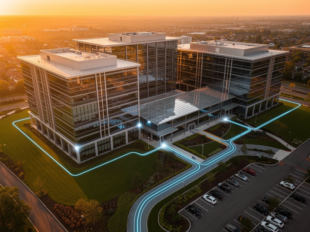 A large corporate campus aerial view showing multiple connected buildings, with an overlay graphic illustrating network connections between facilities, sunset lighting casting warm tones across the modern architecture