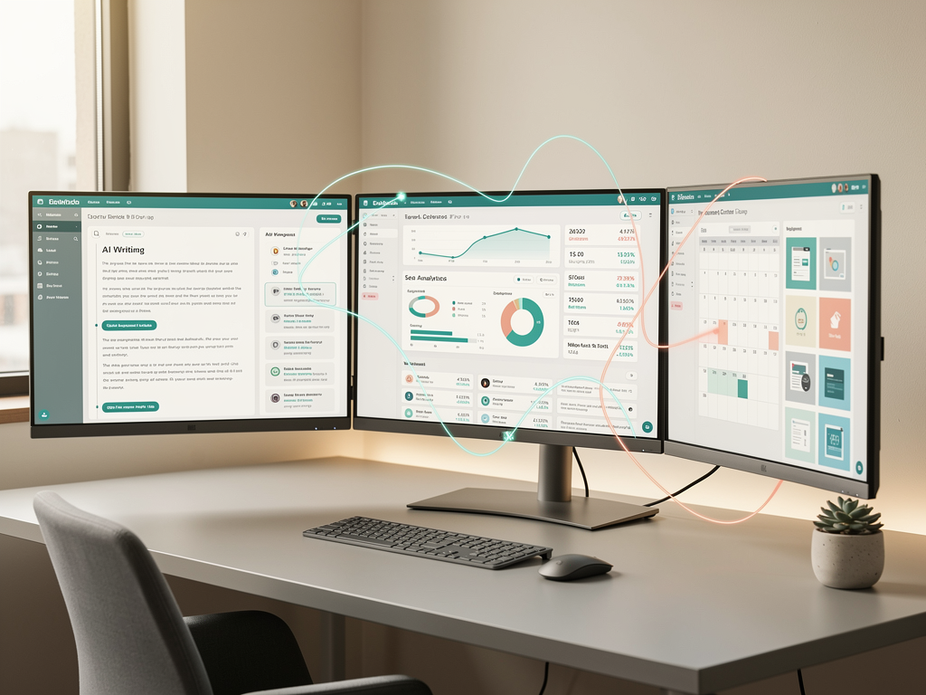 Organized digital workspace showing integrated tool ecosystem with content platform, analytics dashboards, and SEO tools connected through workflow automation, displayed across multiple monitors in a professional marketing office