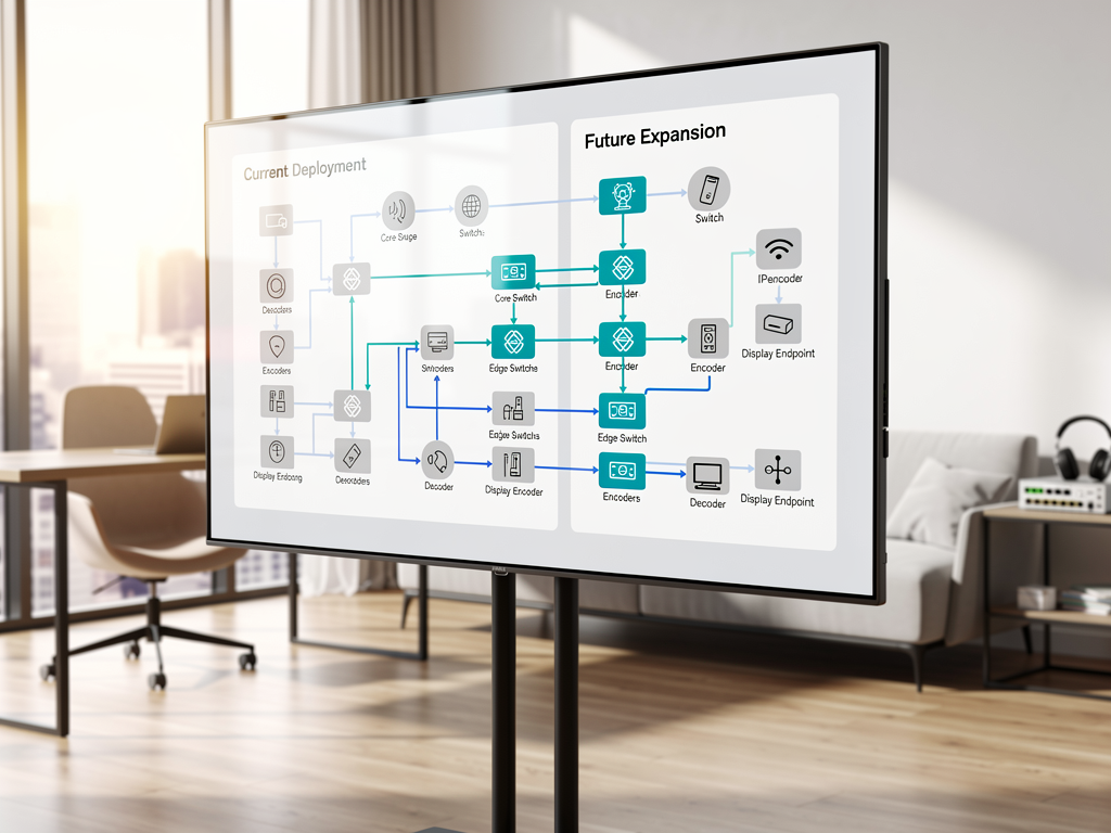 A network diagram displayed on a large format touchscreen showing an expandable AVoIP architecture with clearly marked zones for current deployment and future expansion, color-coded to distinguish legacy and IP-based components, in a modern design studio environment