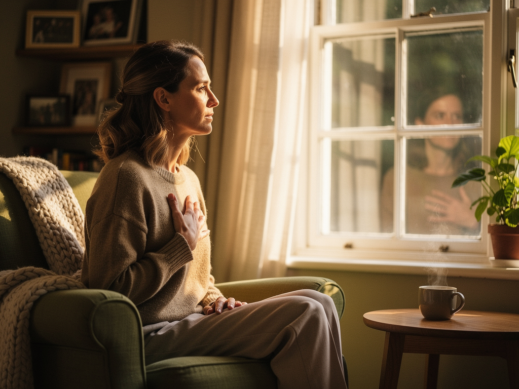 A contemplative woman sitting by a window in soft natural daylight, her reflection visible in the glass as she gazes outward thoughtfully. The scene conveys introspection and the beginning of emotional healing, with warm afternoon light creating a peaceful yet melancholic atmosphere in a cosy British living room setting.
