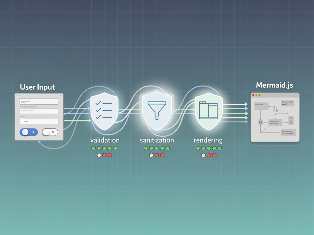 Security architecture diagram showing data flow from user input through validation layer, sanitization middleware, and finally to Mermaid renderer, with red warning indicators at each security checkpoint and green checkmarks for validated content