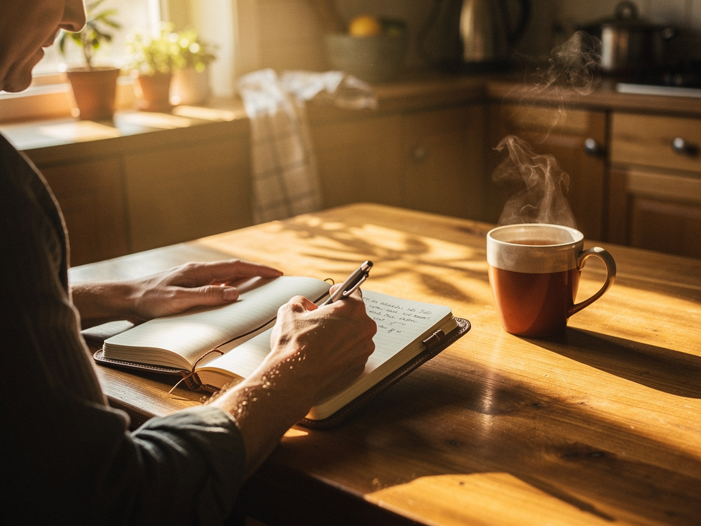 A person writing in a journal at a cosy kitchen table, with a warm cup of tea beside them. Morning sunlight streams through the window, illuminating the page. The scene conveys self-reflection and the practice of examining thoughts as part of CBT homework.