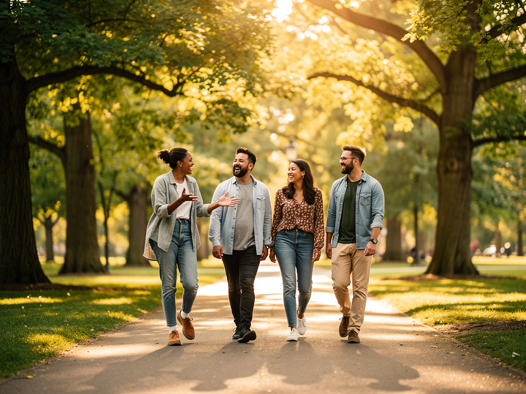 A group of friends walking together through a park on a sunny day, laughing and talking, with trees and green spaces surrounding them, conveying the importance of social connection and outdoor activity