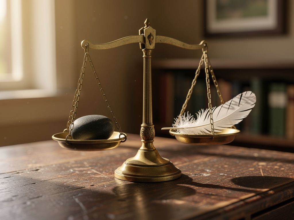 A balanced scale on a wooden desk with soft window light, one side holding a small stone and the other holding a feather, representing the weighing of evidence in thought challenging, styled as a calm still life