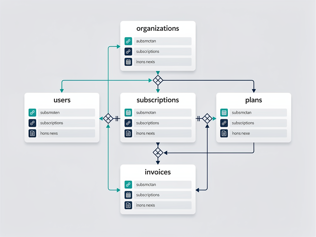 Database entity relationship diagram showing organizations, users, plans, subscriptions, and invoices tables with foreign key relationships and field types clearly labeled in a clean schema visualization