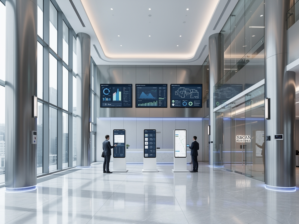 A futuristic smart building lobby with digital displays showing real-time building analytics, visitors interacting with wayfinding kiosks, and subtle indicators of automated environmental systems, rendered in bright contemporary architectural photography style