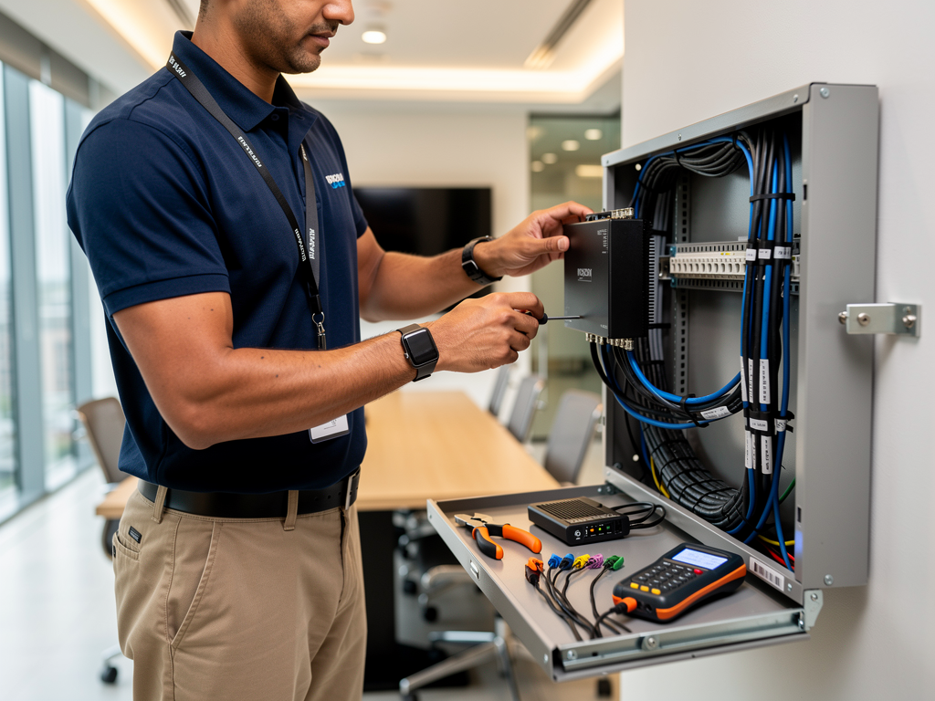 AV technician installing an encoder in a wall-mounted equipment enclosure behind a boardroom, using a screwdriver to secure the unit, cable bundles visible, professional installation tools arranged nearby