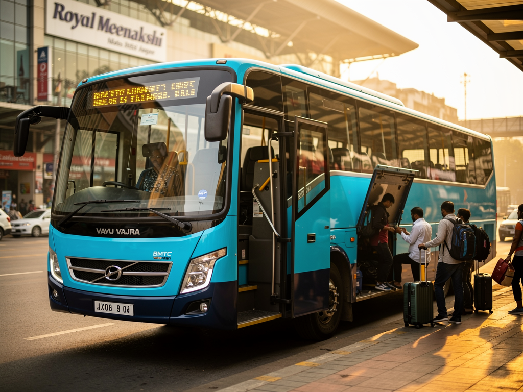 A modern BMTC Vayu Vajra Volvo airport coach in bright cyan-blue livery with dark blue lower panels, parked at Royal Meenakshi Mall bus stop in South Bangalore during early morning hours, with passengers boarding through the wide front doors, luggage compartment open, and the amber LED destination display showing KIA-14 route information, urban commercial backdrop with mall signage visible