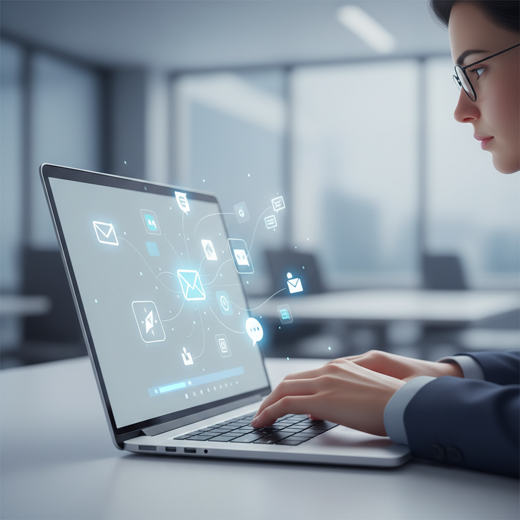 A person typing on a laptop with various application icons visible on the taskbar, illustrating the need for system-wide writing assistance across different Windows programs.