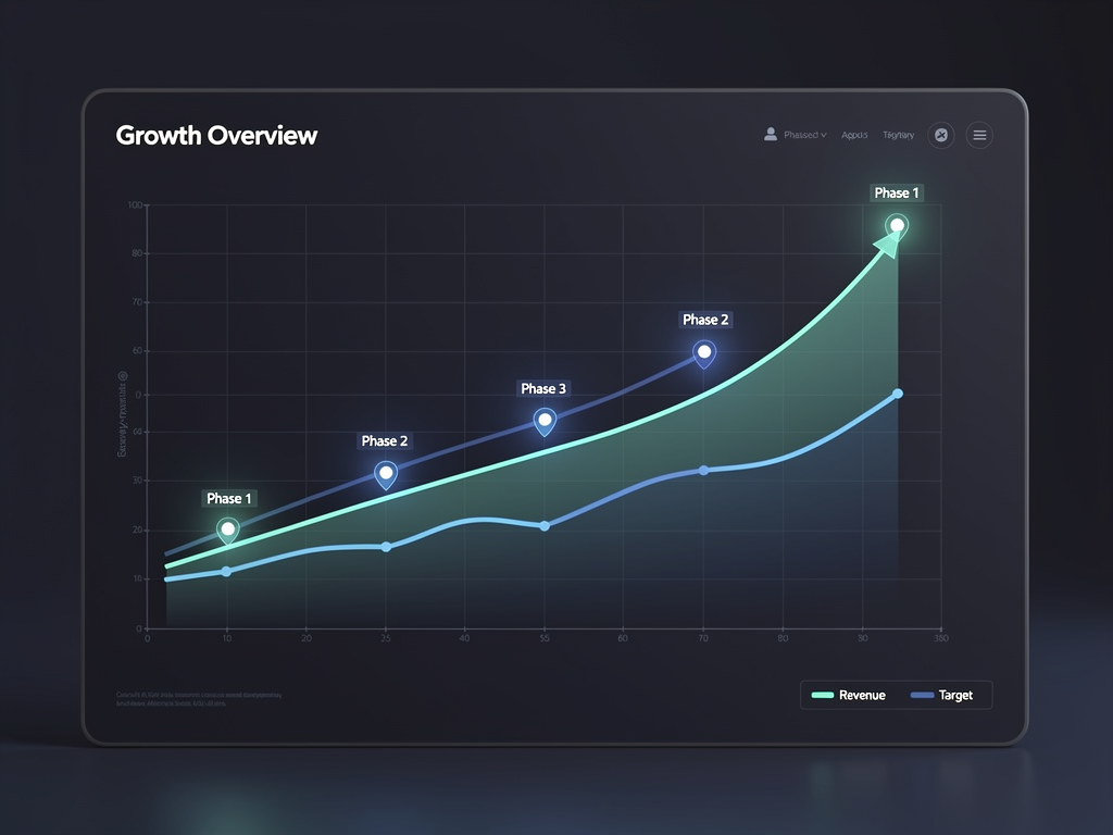 Growth chart showing SaaS platform metrics over time with annotations marking template adoption, customization phases, and scaling milestones, demonstrating the acceleration pattern that template-based development enables