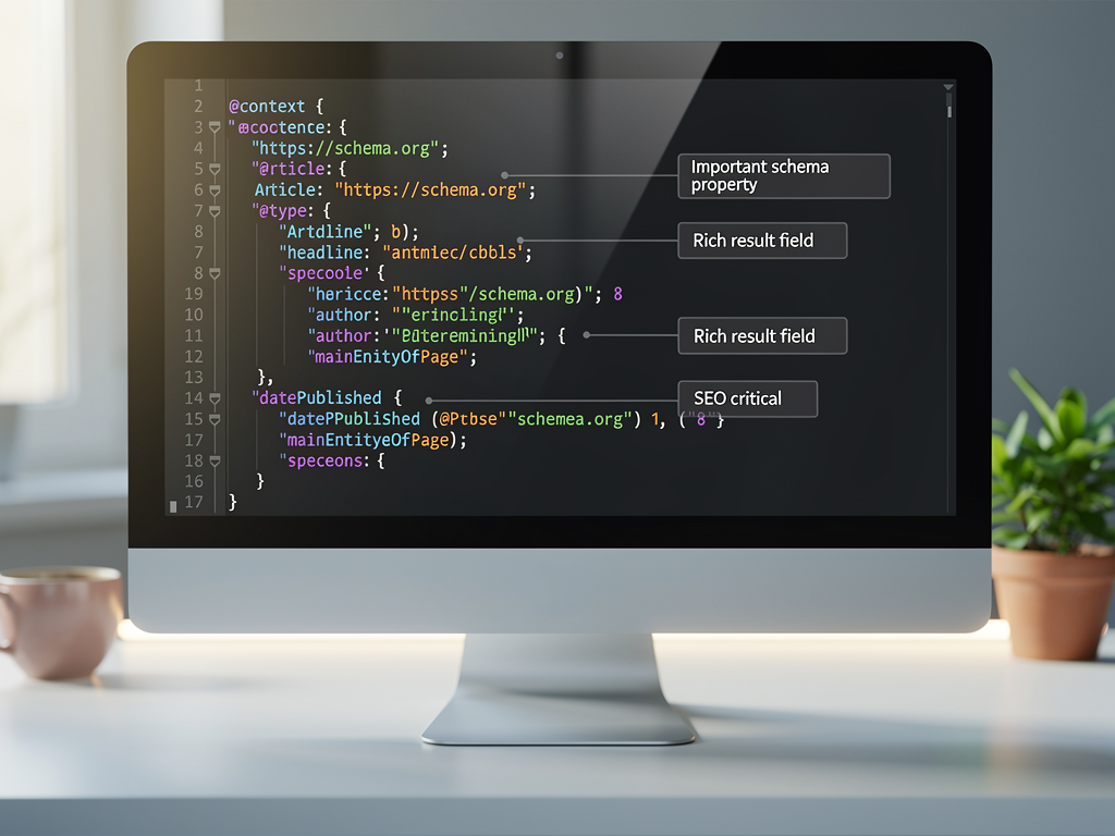 A code editor screenshot showing properly formatted JSON-LD schema markup for an Article with nested Author information, FAQ items, and HowTo steps, with annotations highlighting key properties like dateModified, author credentials, and mainEntity relationships