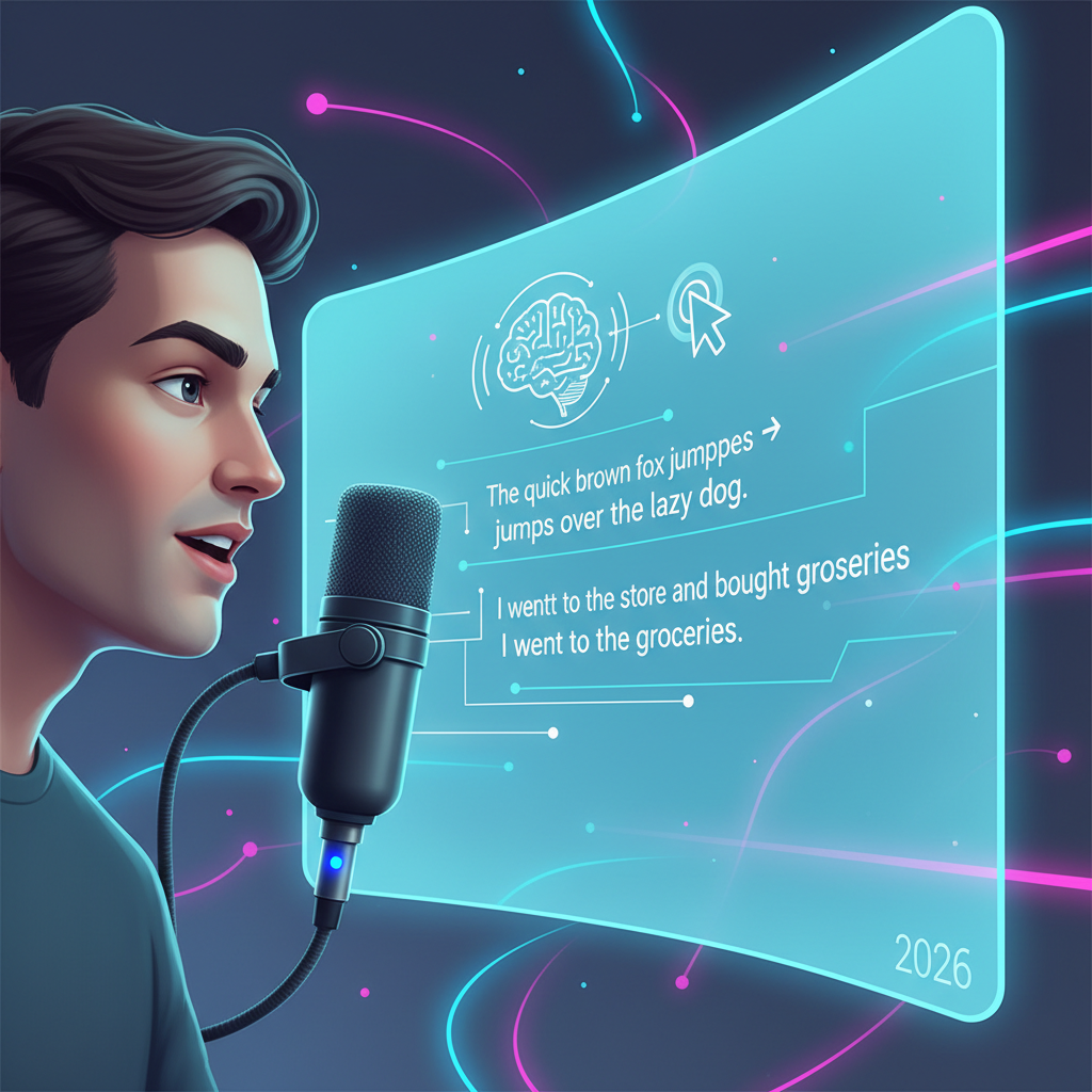 Illustration of a person speaking into a microphone with text appearing on a computer screen, symbolizing voice typing and AI transcription